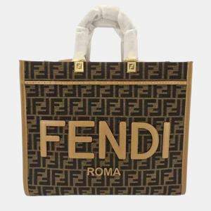 Pre Owned Fendi Sunshine Medium Brown FF Jacquard and Leather Tote Bag