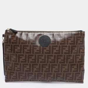 Pre Owned Fendi Brown Coated Canvas FFreedom Flat Pouch Bag