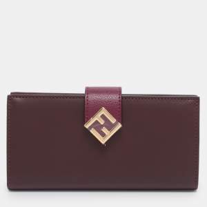 Pre Owned Fendi Burgundy Leather FF Diamond Continental Wallet