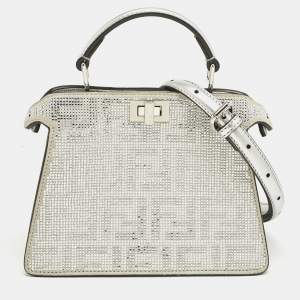 Pre Owned Fendi Silver FF Suede Crystal Petite Peekaboo ISeeU Top Handle Bag