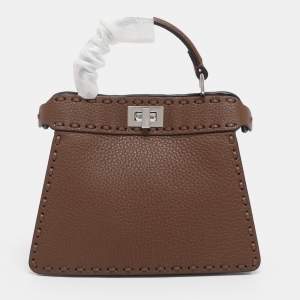 Pre Owned Fendi Brown Stitch Selleria Leather Petite Peekaboo ISeeU Top Handle Bag