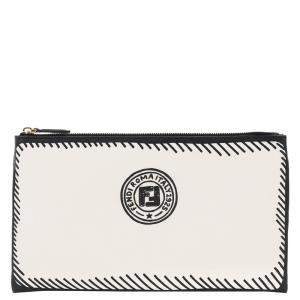 Pre Owned Fendi White Stamp Fabric Medium Pouch