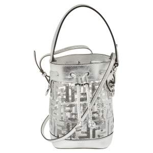 Pre Owned Fendi Silver PVC and Leather Mini Sequin F Mon Tresor Drawstring Bucket Bag