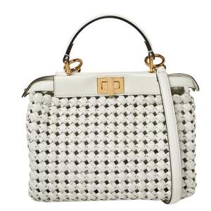 Pre Owned Fendi White Woven Leather Mini Peekaboo Top Handle Bag