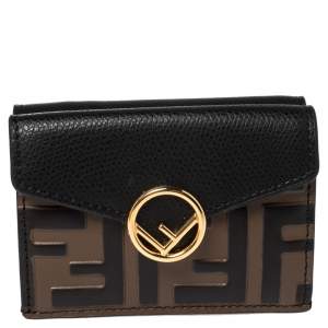 Pre Owned Fendi Black/Brown Zucca Leather Trifold Wallet