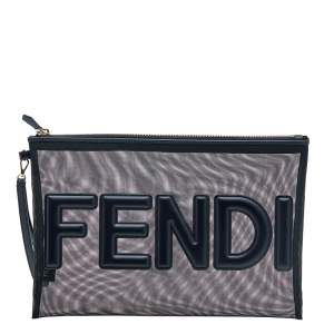 Pre Owned Fendi Black Mesh and Leather Large Logo Flat Pouch