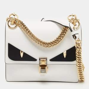 Pre Owned Fendi White/Black Leather Small Eye Detail Kan I Shoulder Bag