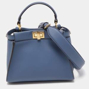 Pre Owned Fendi Navy Blue Leather Mini Peekaboo Top Handle Bag