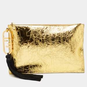 Fendi Gold Laminated Leather FF Tassel Clutch