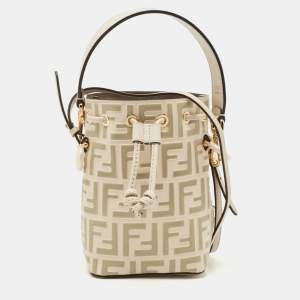 Pre Owned Fendi Cream/Khaki Zucca Leather Mini Mon Tresor Bucket Bag