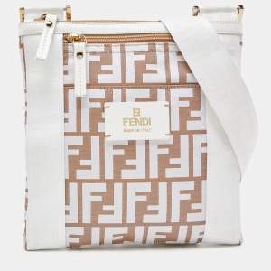 Pre Owned Fendi White/Beige Zucca Nylon and Leather Crossbody Bag
