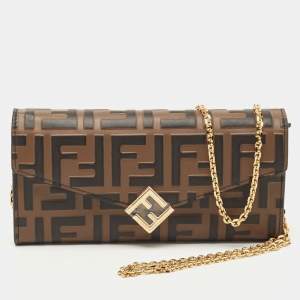 Pre Owned Fendi Tobacco Zucca Embossed Leather FF Flap Wallet on Chain