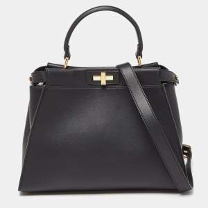 Pre Owned Fendi Black Leather Medium Peekaboo Iconic Top Handle Bag