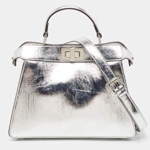 Pre Owned Fendi Silver Leather Small Peekaboo ISeeU Top Handle Bag
