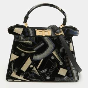 Fendi Navy Blue Velvet Medium Printed Peekaboo ISeeU Top Handle Bag