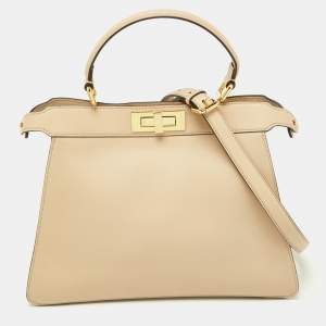 Pre Owned Fendi Beige Leather Medium Peekaboo ISeeU Top Handle Bag