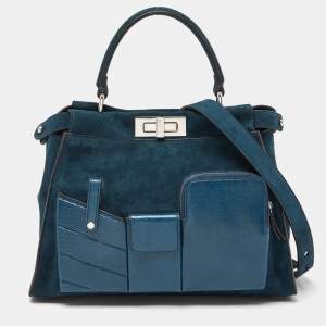 Pre Owned Fendi Blue Watersnake Leather and Suede Regular Peekaboo Top Handle Bag