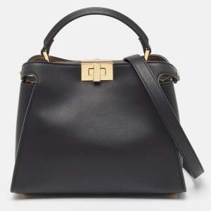 Pre Owned Fendi Black Leather Peekaboo Iconic Essentially Top Handle Bag