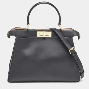 Pre Owned Fendi Black Leather Medium Peekaboo ISeeU Top Handle Bag