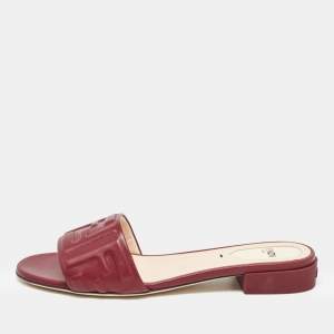 Fendi Burgundy Leather FF Flat Slides Size 37