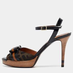 Fendi Black/Brown Canvas And Leather Bow Pep Toe Ankle Strap Sandals Size 39