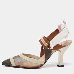 Pre Owned Fendi Brown/Beige Zucca Mesh and Canvas Colibri Slingback Pumps Size 39