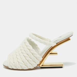 Fendi Beige Woven Fabric First Heel Mules Size 36