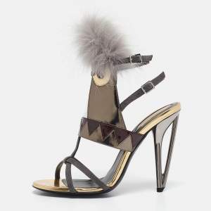 Fendi Grey Leather and Fur Monster Eyes Ankle Strap Sandals Size 37