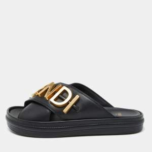 Fendi Black Leather Fendigraphy Flat Slide Sandals Size 37