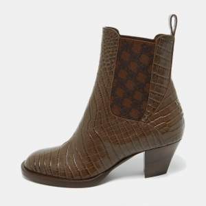 Fendi Brown Croc Embossed Leather Karligraphy Ankle Boots Size 36