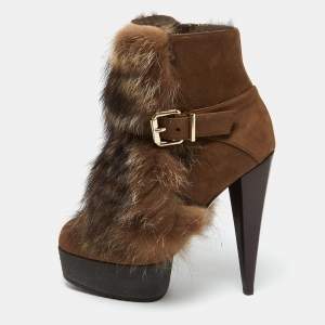 Fendi Brown Nubuck Leather and Raccoon Fur Platform Ankle Boots Size 36