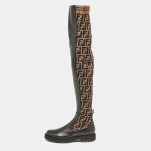 Fendi Brown/Black Canvas and Leather Over The Knee Boots Size 39