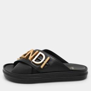 Pre Owned Fendi Black Leather Fendigraphy Flat Slide Sandals Size 37