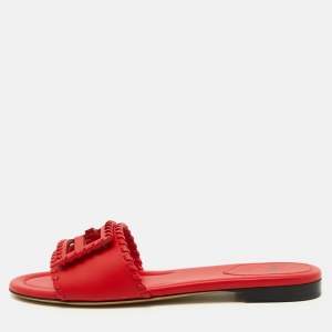 Fendi Red Leather Baguette Slide Sandals Size 37.5