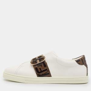 Fendi White/Brown Leather FF Buckle Low Top Sneakers Size 41