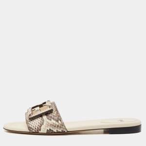 Fendi Beige/Cream Python Embossed Leather Baguette Flat Slides Size 38.5