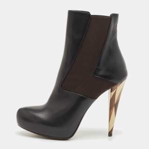 Fendi Black/Brown Leather and Stretch Fabric Platform Ankle Boots Size 40