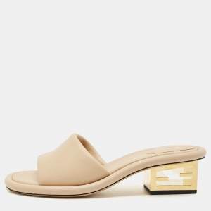 Fendi Beige Leather FF Baguette Heel Slide Sandals Size 40