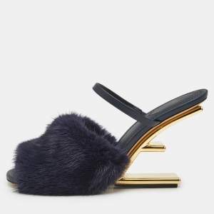 Fendi Navy Blue Mink Fur and Leather Fendi First Slide Sandals Size 39