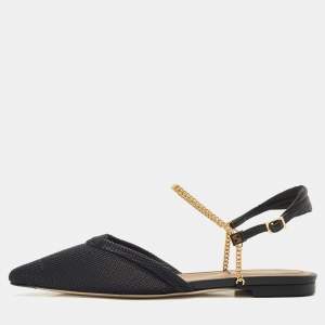 Pre Owned Fendi Black Canvas and Leather Chain-Link Flat Sandals Size 37.5