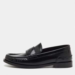 Pre Owned Fendi Black Brushed Leather Logo Slip On Loafers Size 38