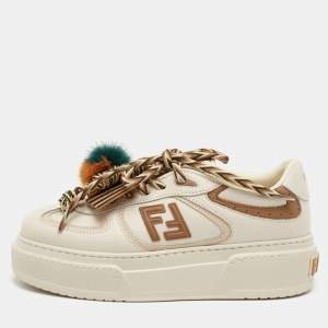 Pre Owned Fendi Match Charm Size 37 Cream/Brown Leather Platform Low Top Sneakers