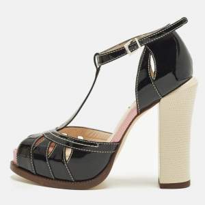 Pre Owned Fendi Chameleon Size 35.5 Black Patent Leather Ankle Strap Sandals