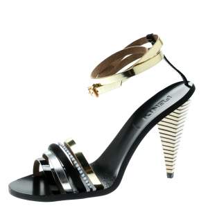 Pre Owned Fendi Multicolor Leather And Satin Ankle Wrap Strappy Sandals Size 39