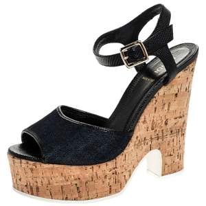 Pre Owned Fendi Blue Denim and Black Lizard Embossed Leather Cork Wedge Platform Ankle Strap Sandals Size 39.5