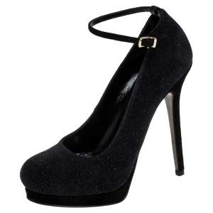 Pre Owned Fendi Black Glitter Suede Platform Ankle Strap Pumps Size 38
