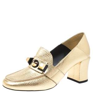 Pre Owned Fendi Gold textured Leather Geometric Stud Loafer Pumps Size 39
