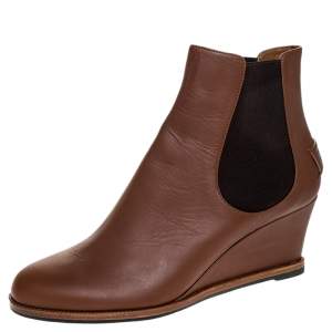 Pre Owned Fendi Brown Leather Wedge Heel Ankle Boots Size 41