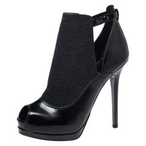 Fendi Black Glitter Suede and Leather Peep Toe Platform Booties Size 38