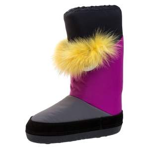 Pre Owned Fendi Multicolor Suede, Nylon And Fox Fur Monster Snow Boots Size 37
